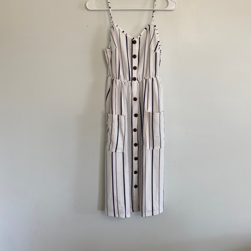 Blue and light pink striped sundress with pockets
